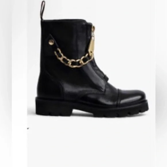 Zadig & Voltaire Joe Cecilia leather combat moto boots with gold chain NWT 37/6 - Picture 7 of 17